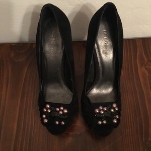 Black suede peep toe heel with embellishment